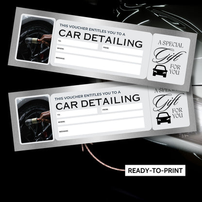 Four printable car detailing gift vouchers laid out on a gray background, featuring a high-quality image of a car wheel being cleaned, with fields for personalization.