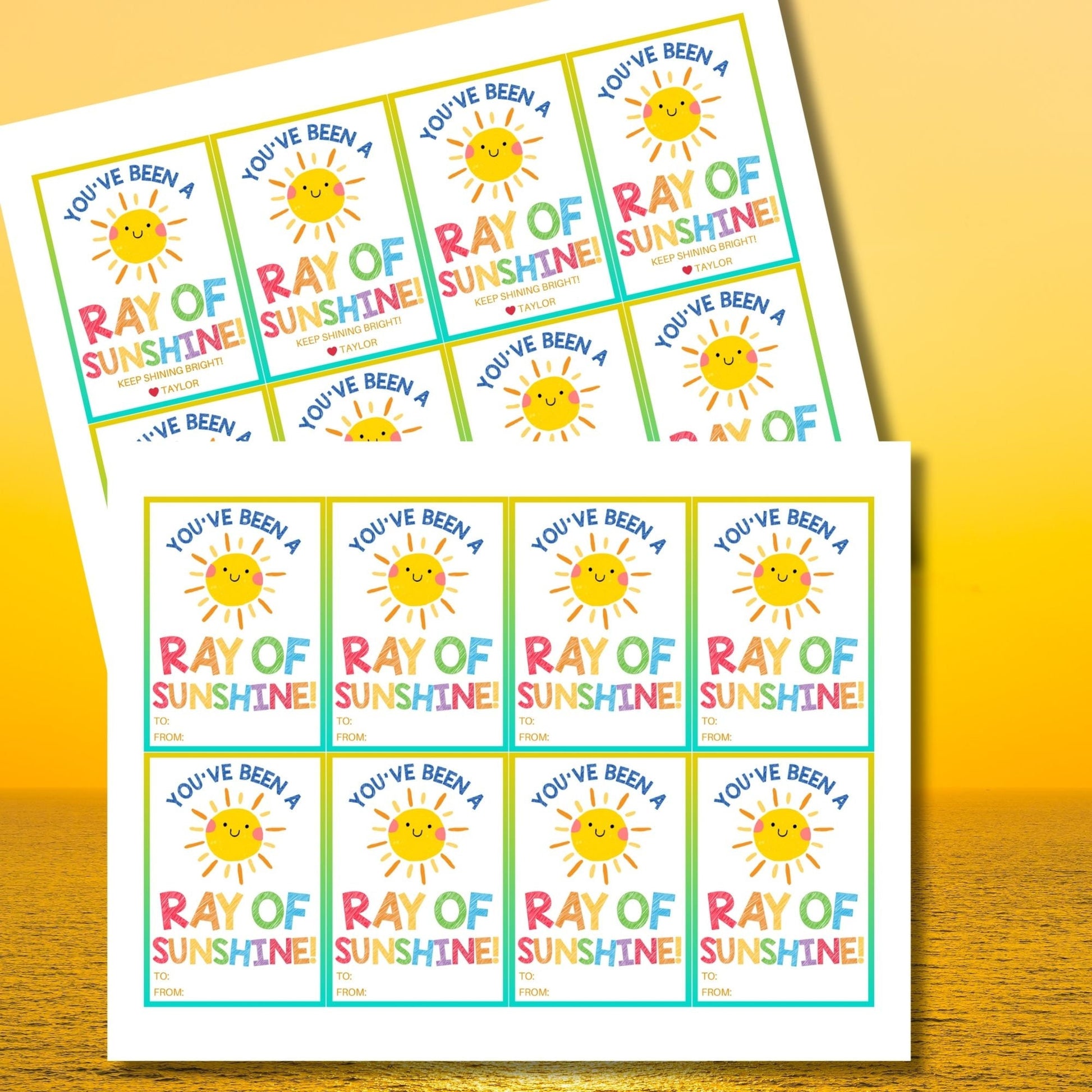 Bright summer gift tags featuring a cheerful sun and colorful text that reads Youve Been a Ray of Sunshine! Keep Shining Bright! Personalize with names.