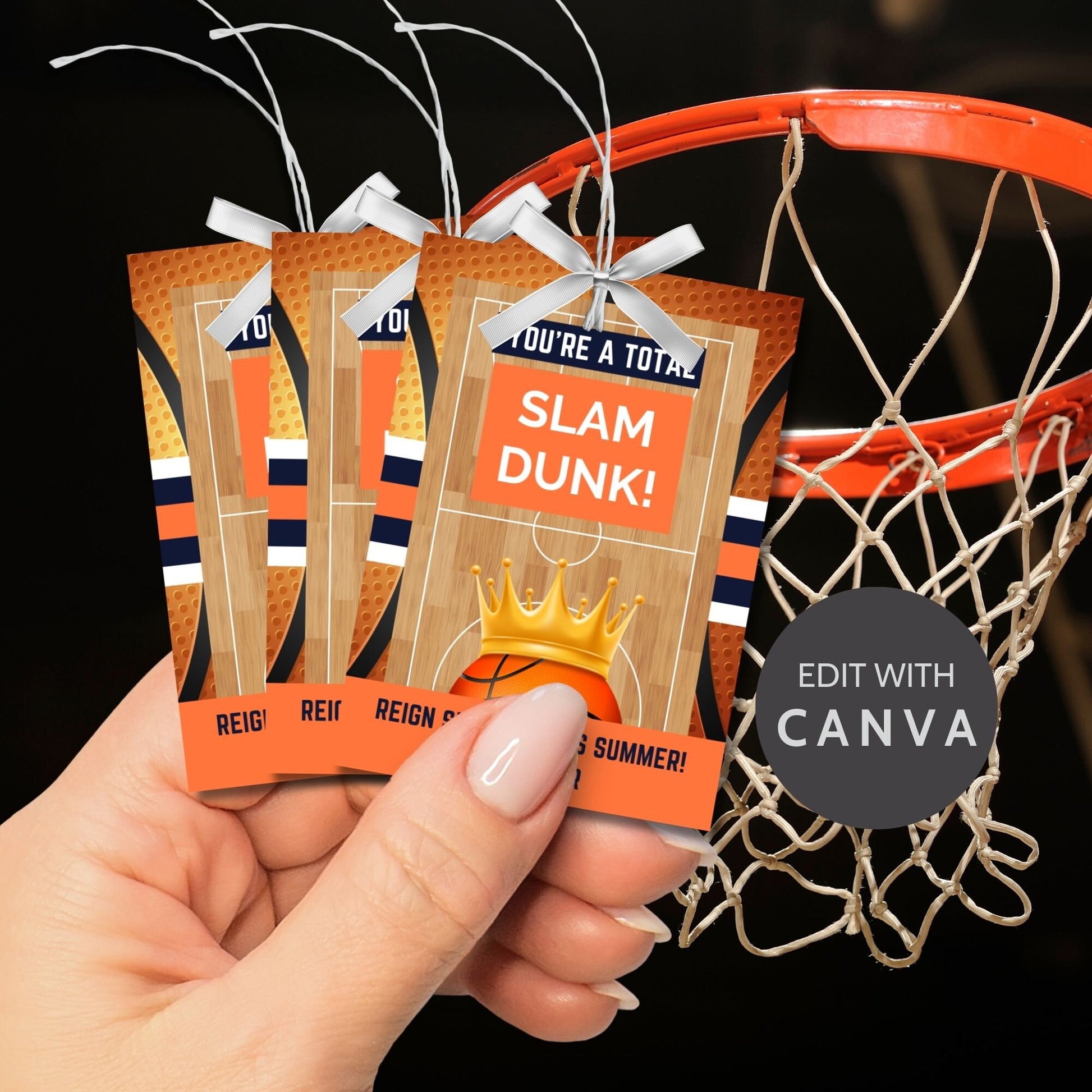 Energetic summer gift tags featuring a basketball and crown design with the text Youre a Total Slam Dunk! Reign Supreme This Summer! Personalize with names.