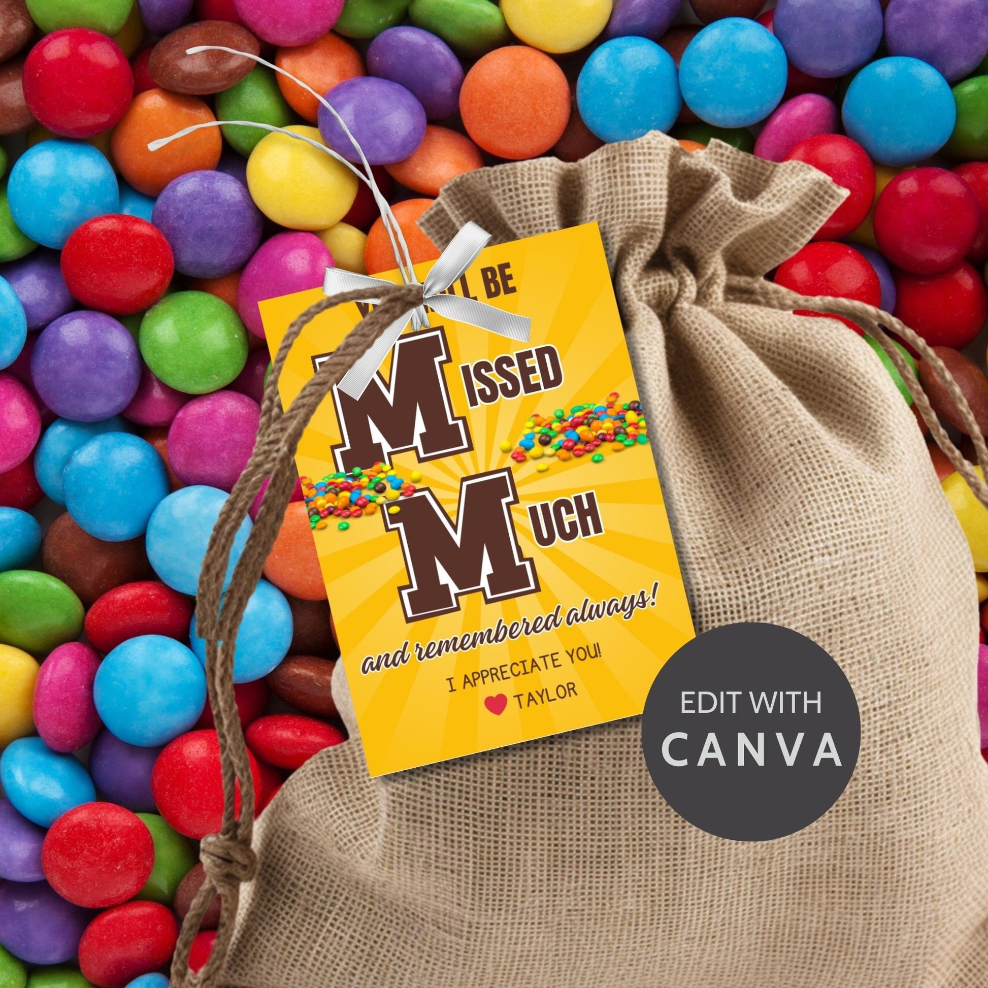 Farewell M&M candy tags reading You will be missed much and remembered always, perfect for teachers, staff, employees, bus drivers. Printable and editable for personalized goodbyes. Download and print for heartfelt appreciation gifts.