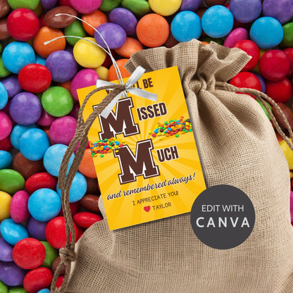 Farewell M&M candy tags reading You will be missed much and remembered always, perfect for teachers, staff, employees, bus drivers. Printable and editable for personalized goodbyes. Download and print for heartfelt appreciation gifts.