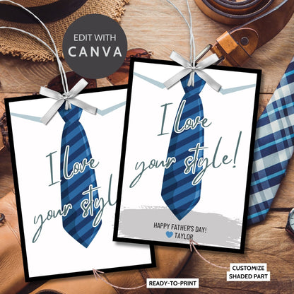 Eight tie-themed Fathers Day gift tags displayed in two rows of four. Each tag features a message about loving dads style, with a customizable name slot.