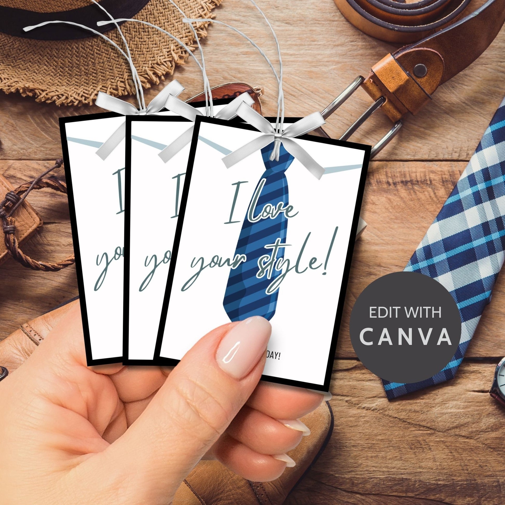 Eight tie-themed Fathers Day gift tags displayed in two rows of four. Each tag features a message about loving dads style, with a customizable name slot.