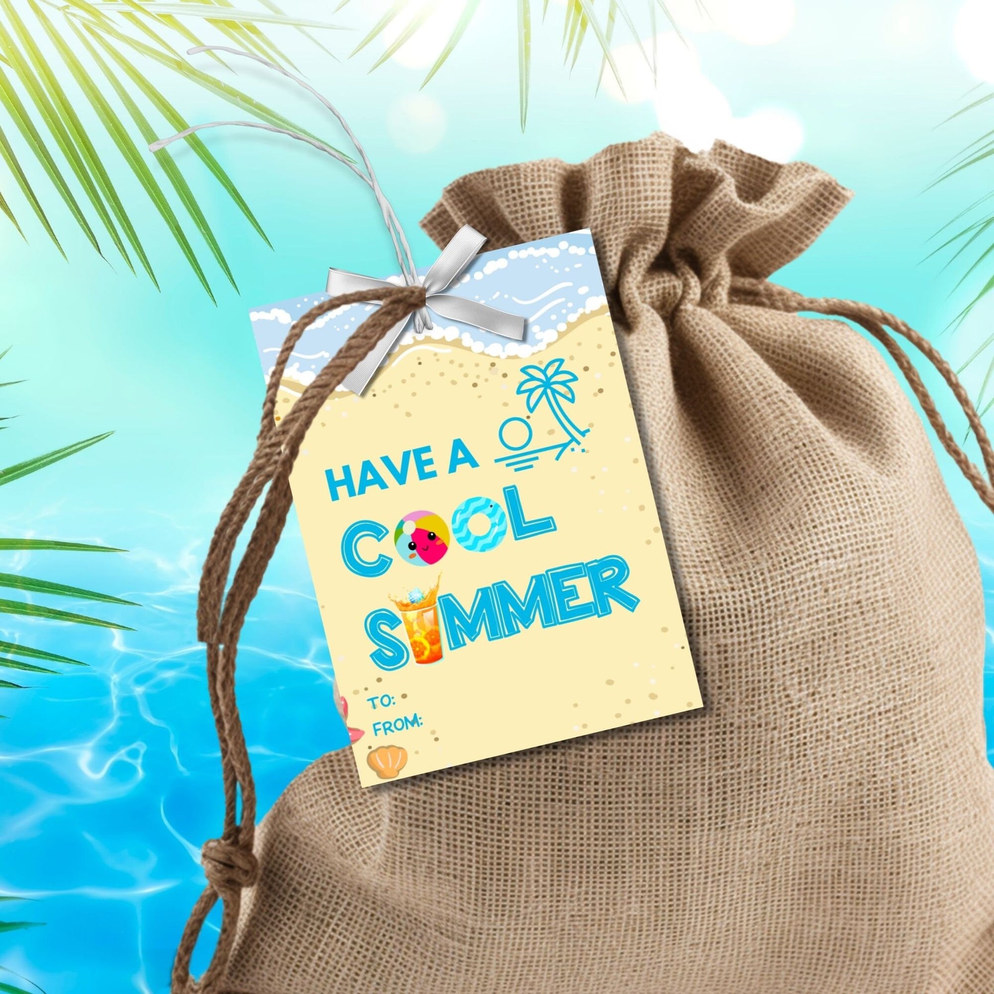 Beach-themed summer gift tags featuring a cool drink, beach ball, and text Have a Cool Summer! Have an Ice Time! Personalize with names.