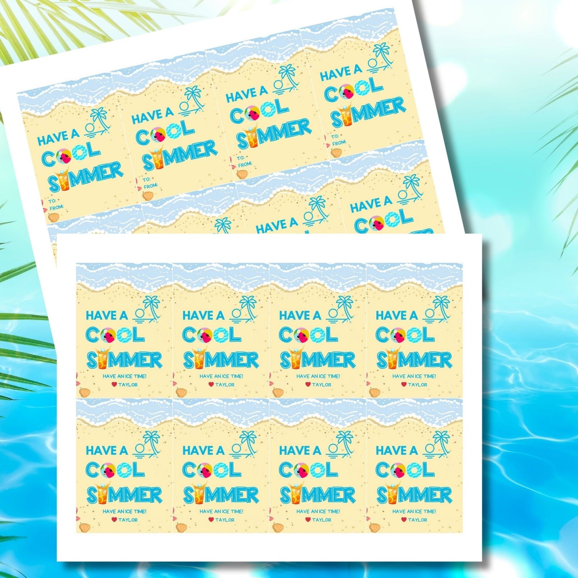 Beach-themed summer gift tags featuring a cool drink, beach ball, and text Have a Cool Summer! Have an Ice Time! Personalize with names.