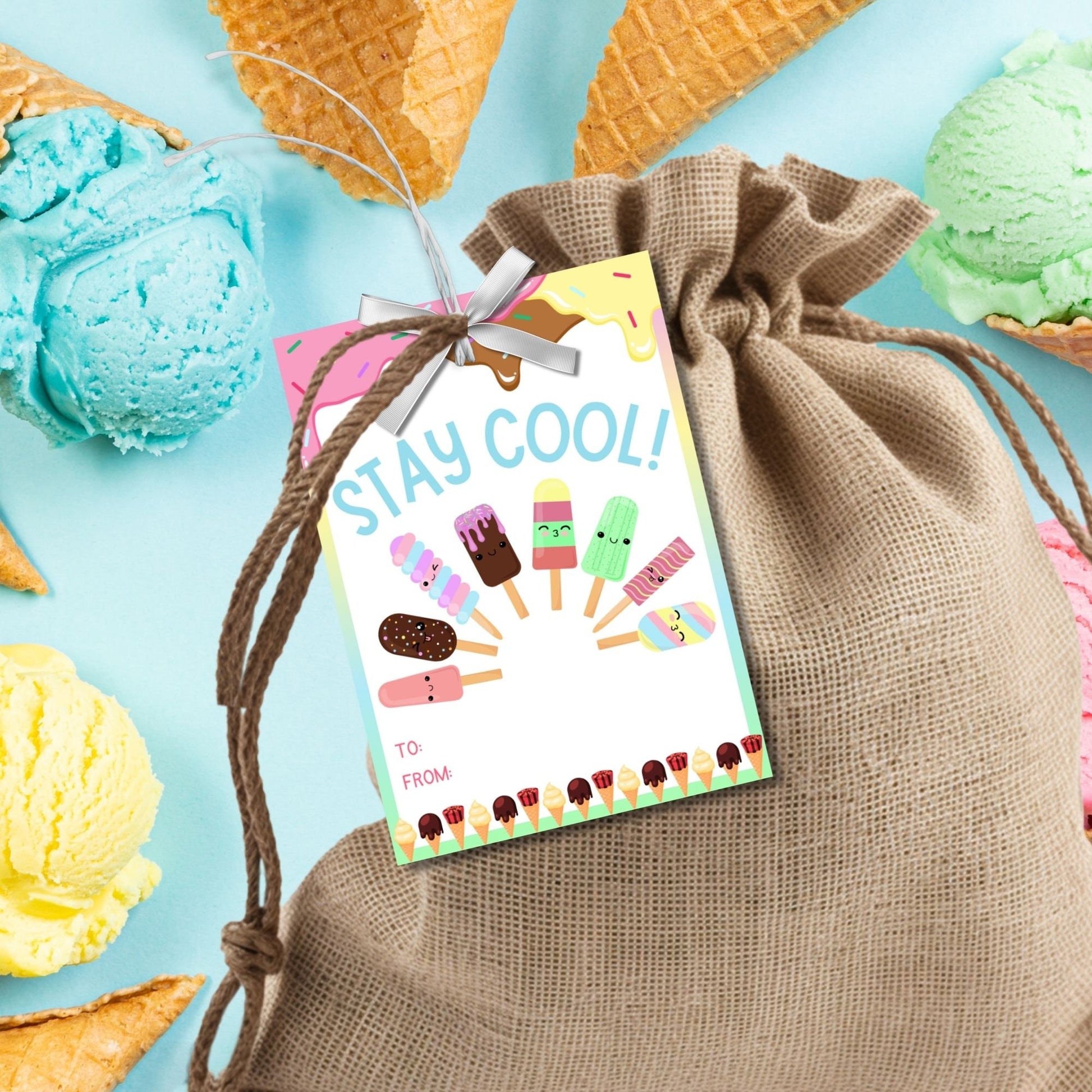 Fun summer gift tags featuring ice cream and popsicle designs with the text Stay Cool! But Dont Let Your Brain Freeze! Personalize with names.