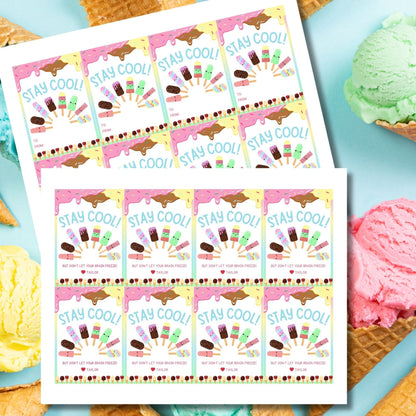 Fun summer gift tags featuring ice cream and popsicle designs with the text Stay Cool! But Dont Let Your Brain Freeze! Personalize with names.