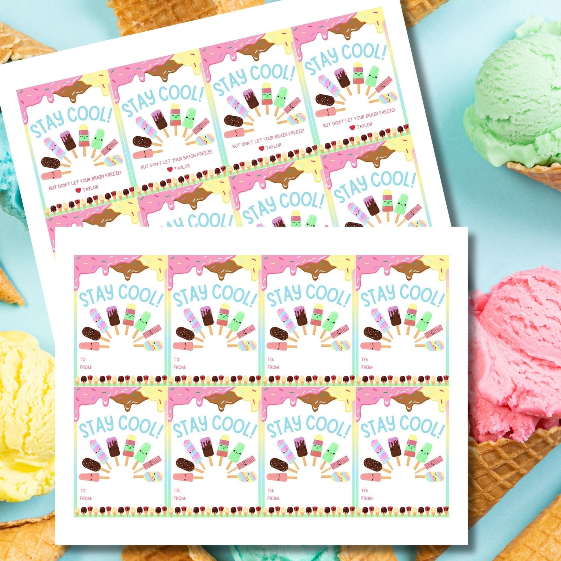 Fun summer gift tags featuring ice cream and popsicle designs with the text Stay Cool! But Dont Let Your Brain Freeze! Personalize with names.