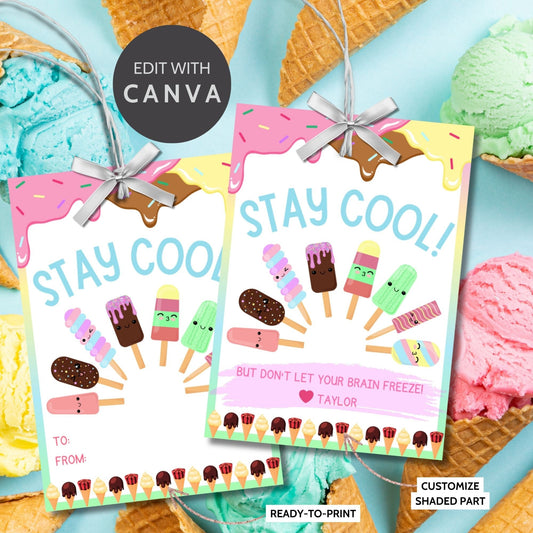 Fun summer gift tags featuring ice cream and popsicle designs with the text Stay Cool! But Dont Let Your Brain Freeze! Personalize with names.