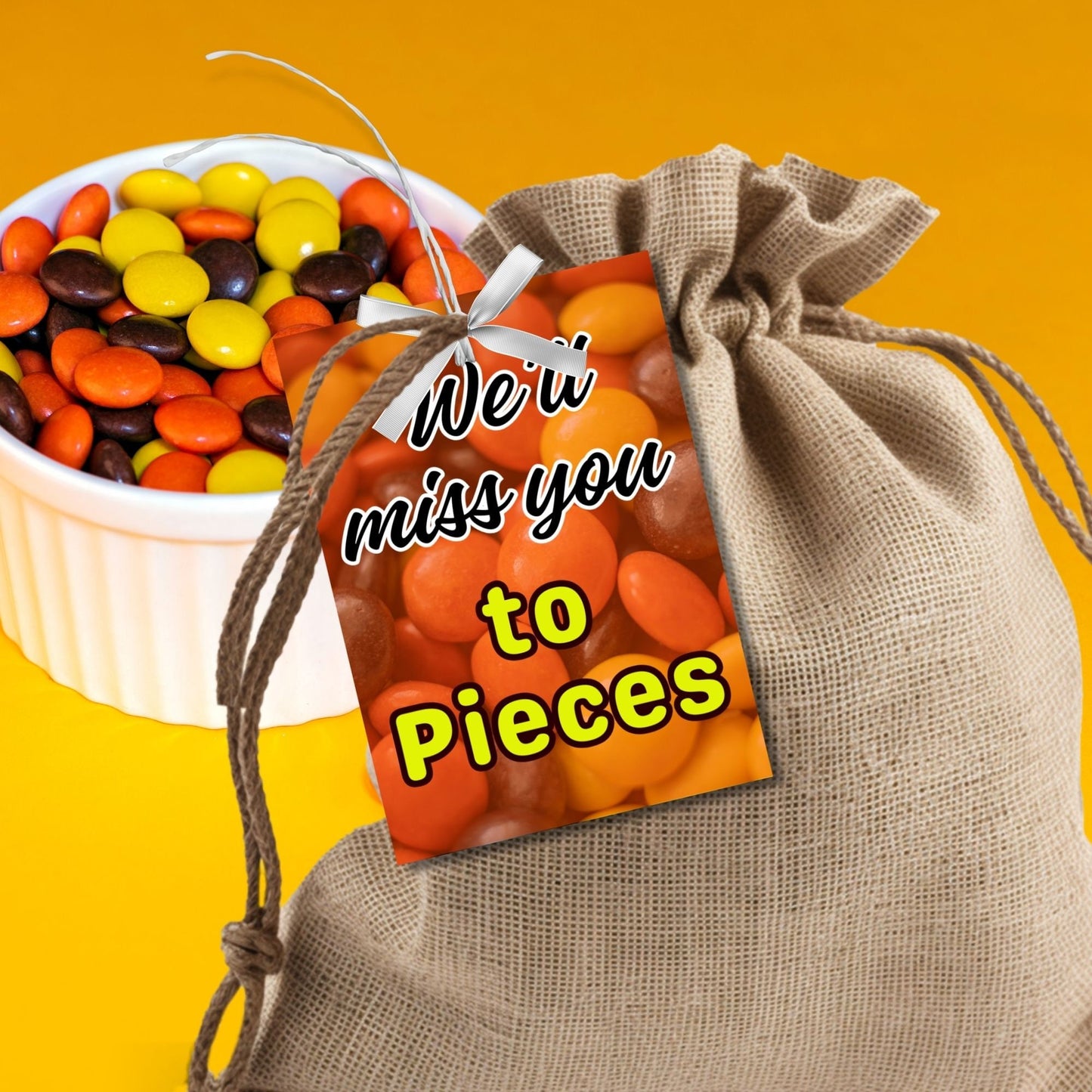 Farewell Reeses Pieces candy tags reading Well miss you to pieces, perfect for teachers, staff, employees, bus drivers. Printable and editable for personalized goodbyes. Download and print for heartfelt appreciation gifts.