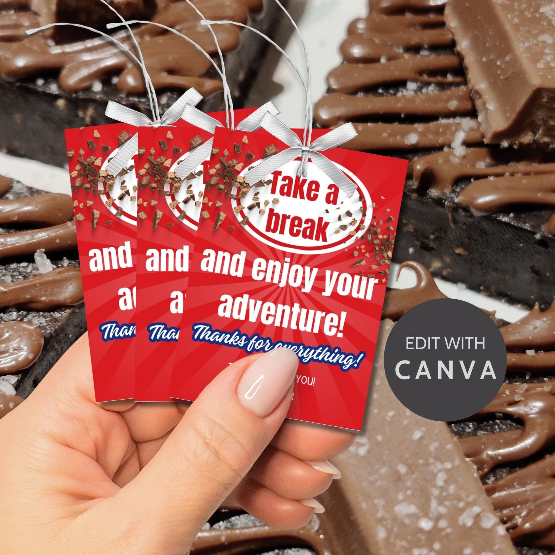 Farewell KitKat candy tags reading Take a break and enjoy your adventure. Thanks for everything! perfect for teachers, staff, employees, bus drivers. Printable and editable for personalized goodbyes. Download and print for heartfelt appreciation.