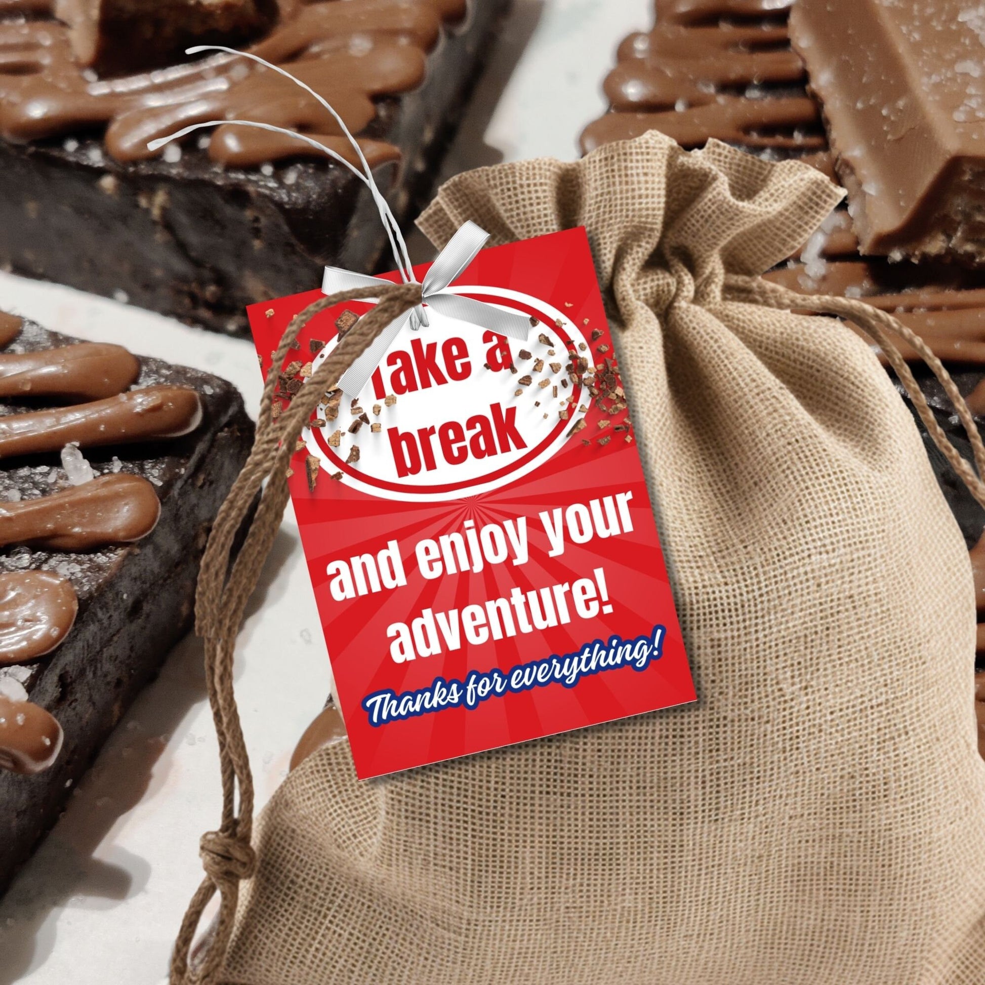 Farewell KitKat candy tags reading Take a break and enjoy your adventure. Thanks for everything! perfect for teachers, staff, employees, bus drivers. Printable and editable for personalized goodbyes. Download and print for heartfelt appreciation.