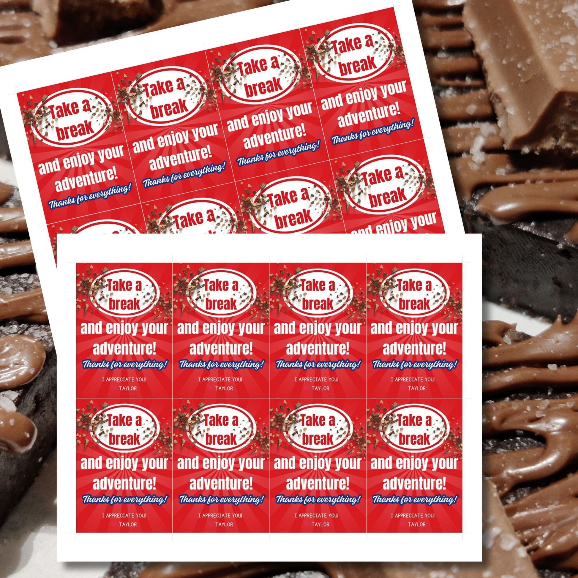 Farewell KitKat candy tags reading Take a break and enjoy your adventure. Thanks for everything! perfect for teachers, staff, employees, bus drivers. Printable and editable for personalized goodbyes. Download and print for heartfelt appreciation.