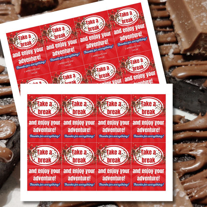 Farewell KitKat candy tags reading Take a break and enjoy your adventure. Thanks for everything! perfect for teachers, staff, employees, bus drivers. Printable and editable for personalized goodbyes. Download and print for heartfelt appreciation.