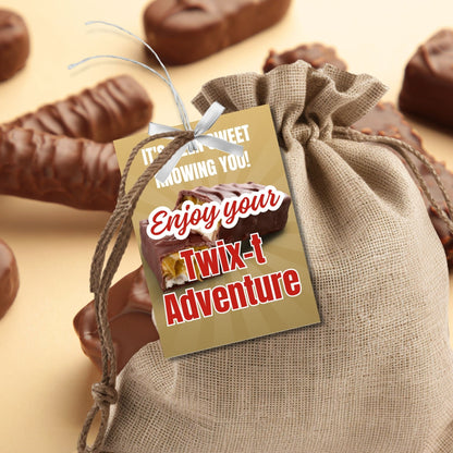 Farewell Twix candy tags reading Its been sweet knowing you! Enjoy your Twix-t adventure, perfect for teachers, staff, employees, bus drivers. Printable and editable for personalized goodbyes. Download and print for heartfelt appreciation gifts.