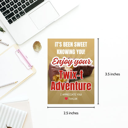 Farewell Twix candy tags reading Its been sweet knowing you! Enjoy your Twix-t adventure, perfect for teachers, staff, employees, bus drivers. Printable and editable for personalized goodbyes. Download and print for heartfelt appreciation gifts.