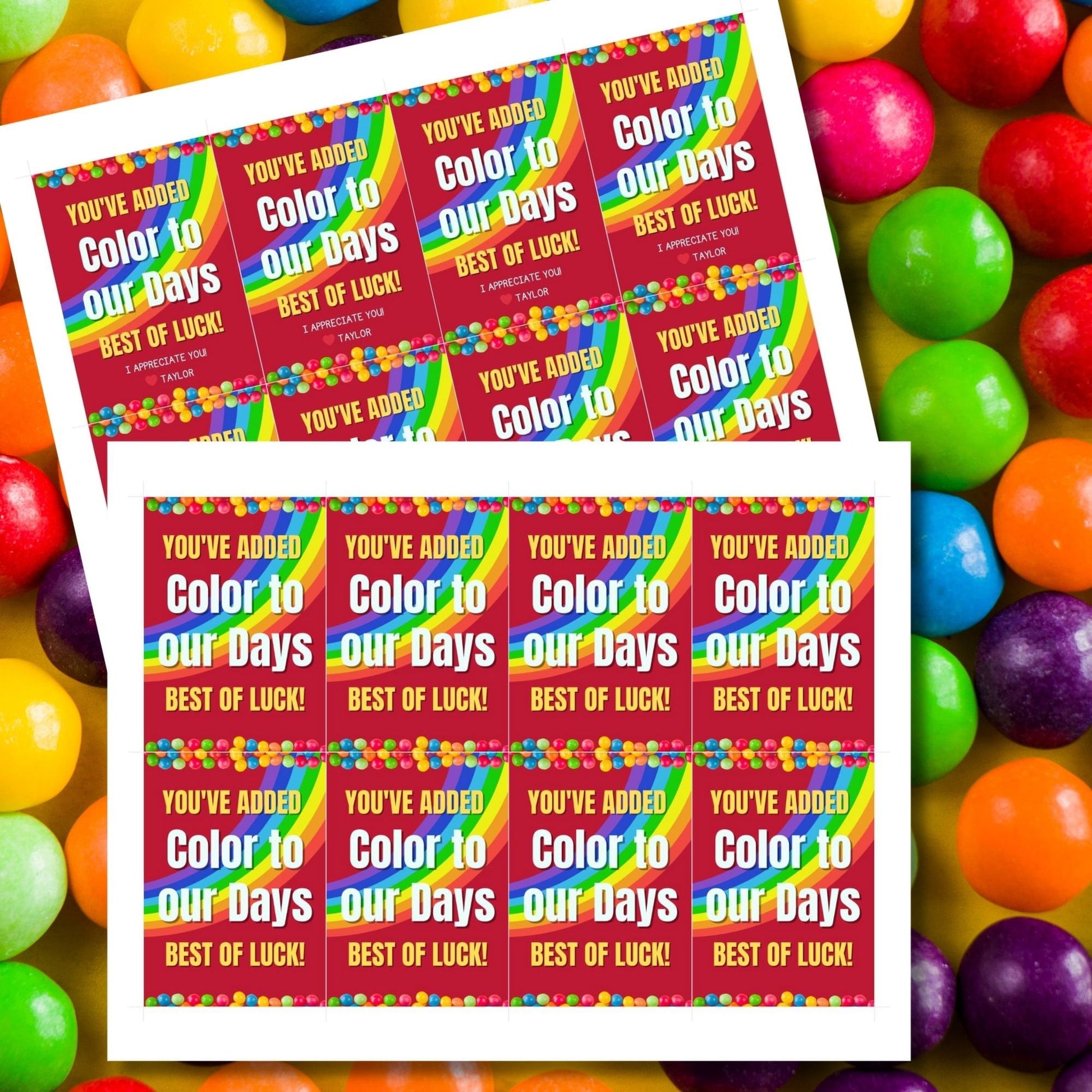 Farewell Skittles candy tags reading Youve added color to our days. Best of luck! perfect for teachers, staff, employees, bus drivers. Printable and editable for personalized goodbyes. Download and print for heartfelt appreciation gifts.