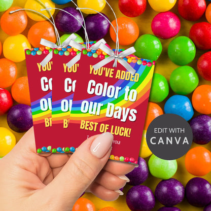 Farewell Skittles candy tags reading Youve added color to our days. Best of luck! perfect for teachers, staff, employees, bus drivers. Printable and editable for personalized goodbyes. Download and print for heartfelt appreciation gifts.