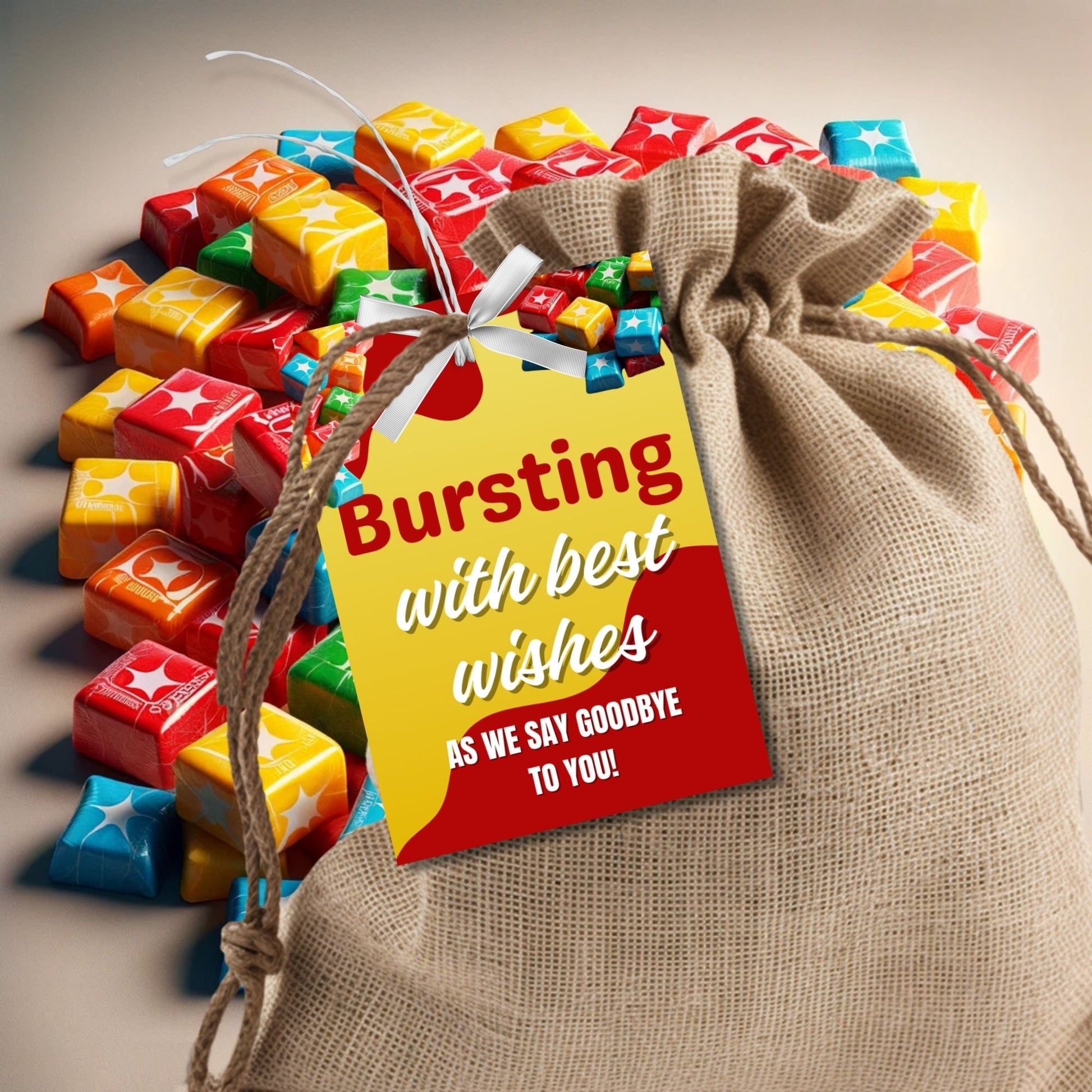 Farewell Starburst candy tags reading Bursting with best wishes as we say goodbye to you! perfect for teachers, staff, employees, bus drivers. Printable and editable for personalized goodbyes. Download and print for heartfelt appreciation gifts.