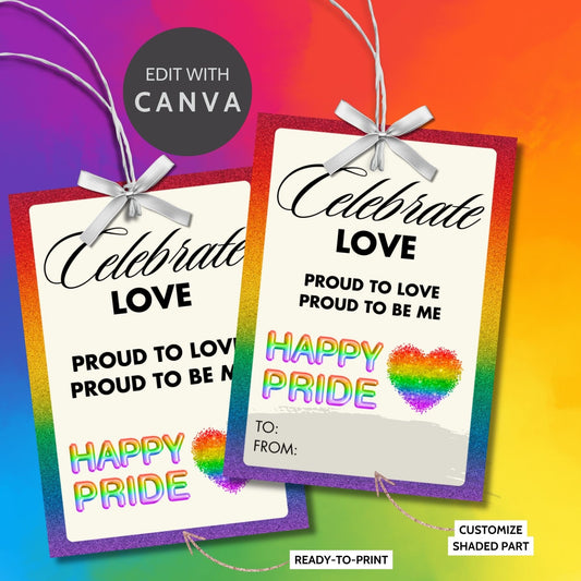 Set of 8 colorful Pride Month gift tags with inspiring messages such as Celebrate Love, Unity in Diversity, featuring rainbow designs and heart icons. Each tag measures 2.5 x 3.5 in & comes with a printable PDF and an editable template link.