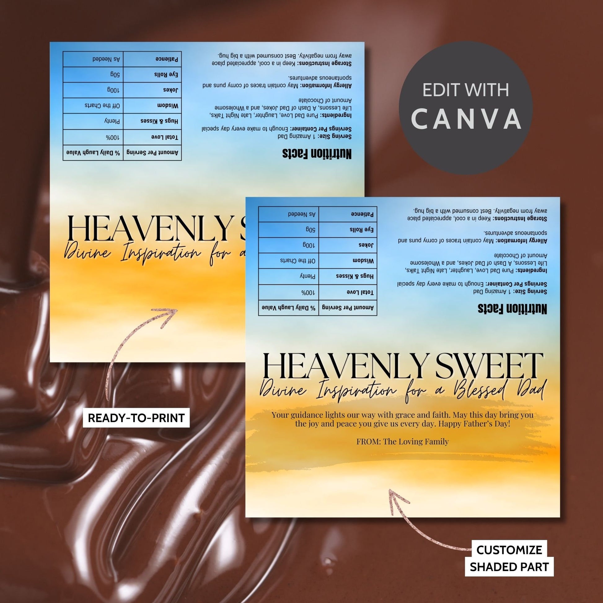 Image of a printable Fathers Day chocolate bar wrapper with a gradient from blue to golden yellow, titled HEAVENLY SWEET, and a message celebrating a Blessed Dad.