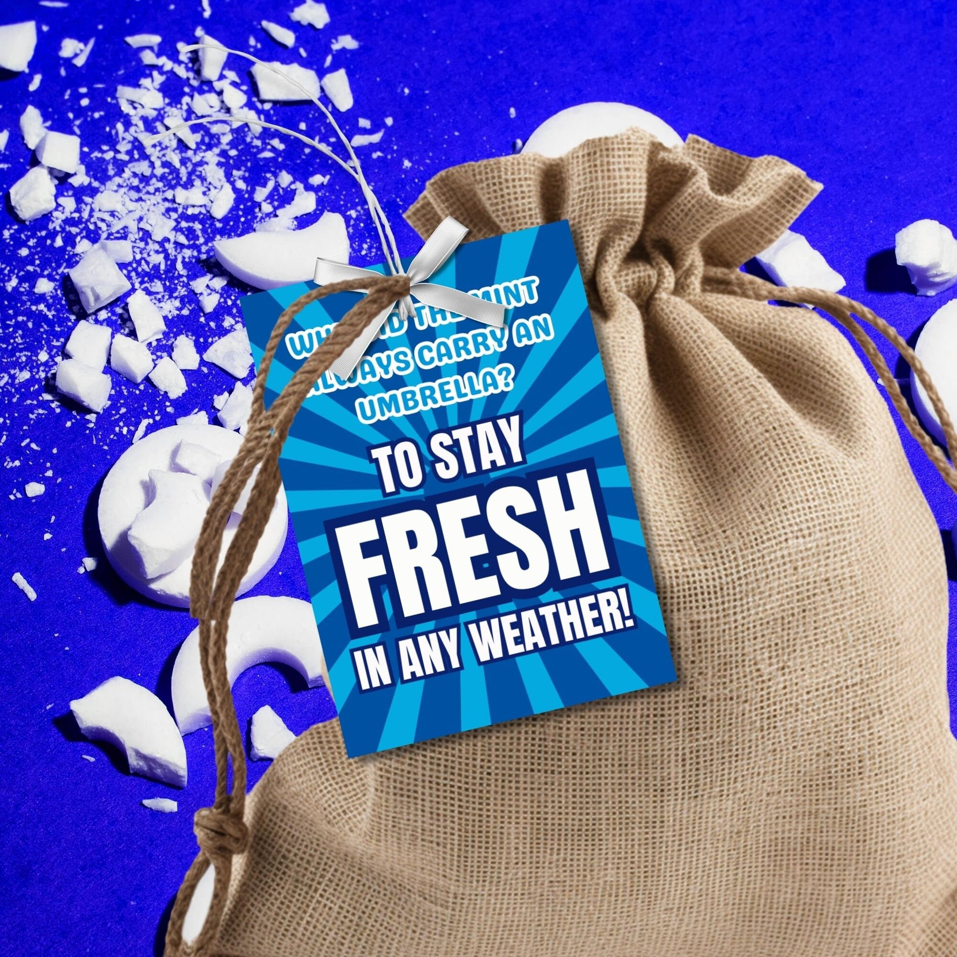 Why Did the Mint Always Carry an Umbrella? Fathers Day gift tags with a blue and white design. Features a joke about mint staying fresh in any weather, with a customizable name field. Available as a printable PDF and an editable Canva template.
