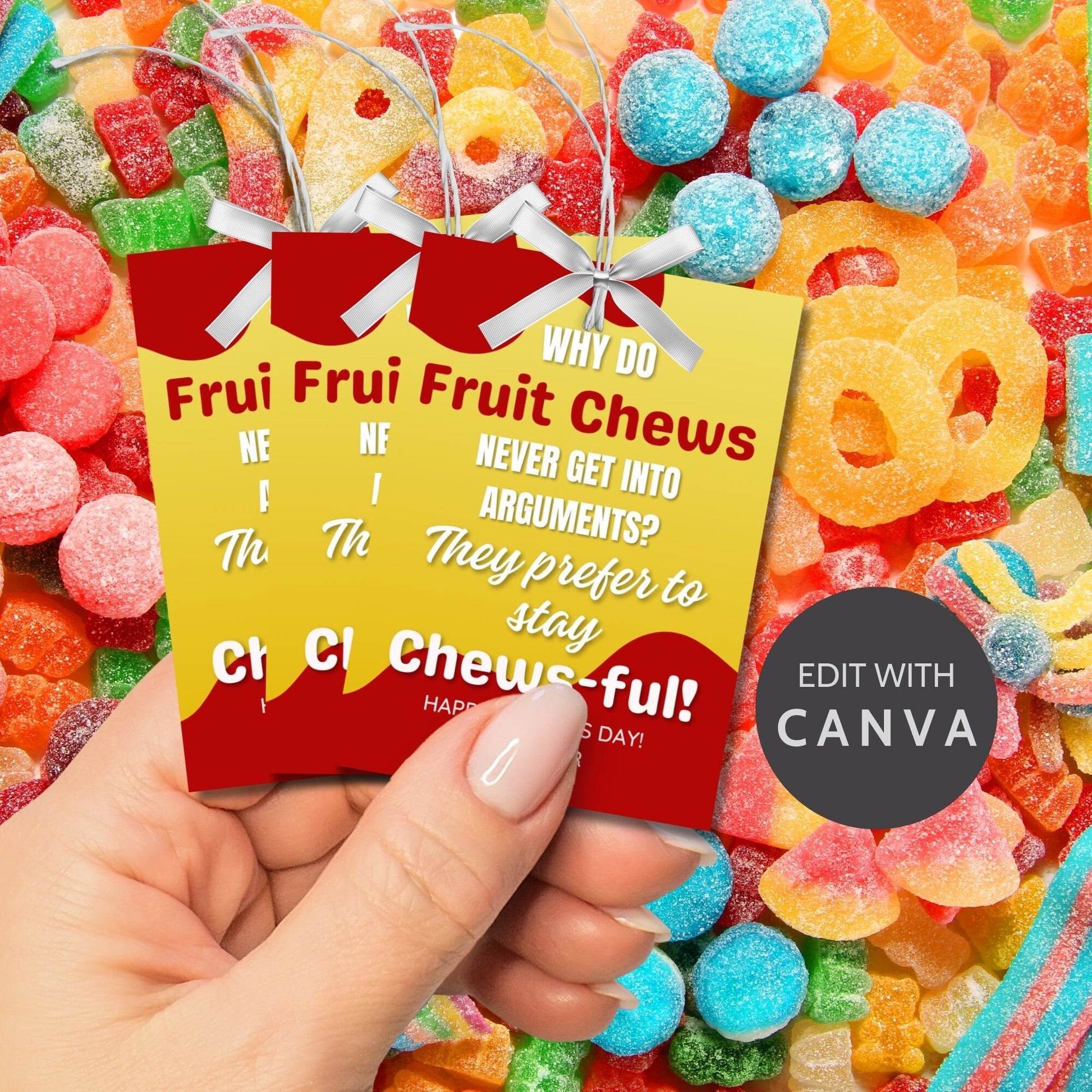 Eight fruit chews-themed Fathers Day gift tags displayed in two rows of four. Each tag features a dad joke about fruit chews preferring to stay chews-ful to avoid arguments, with a customizable name slot.