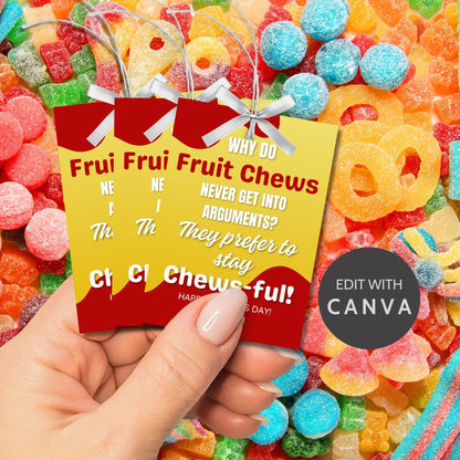 Eight fruit chews-themed Fathers Day gift tags displayed in two rows of four. Each tag features a dad joke about fruit chews preferring to stay chews-ful to avoid arguments, with a customizable name slot.