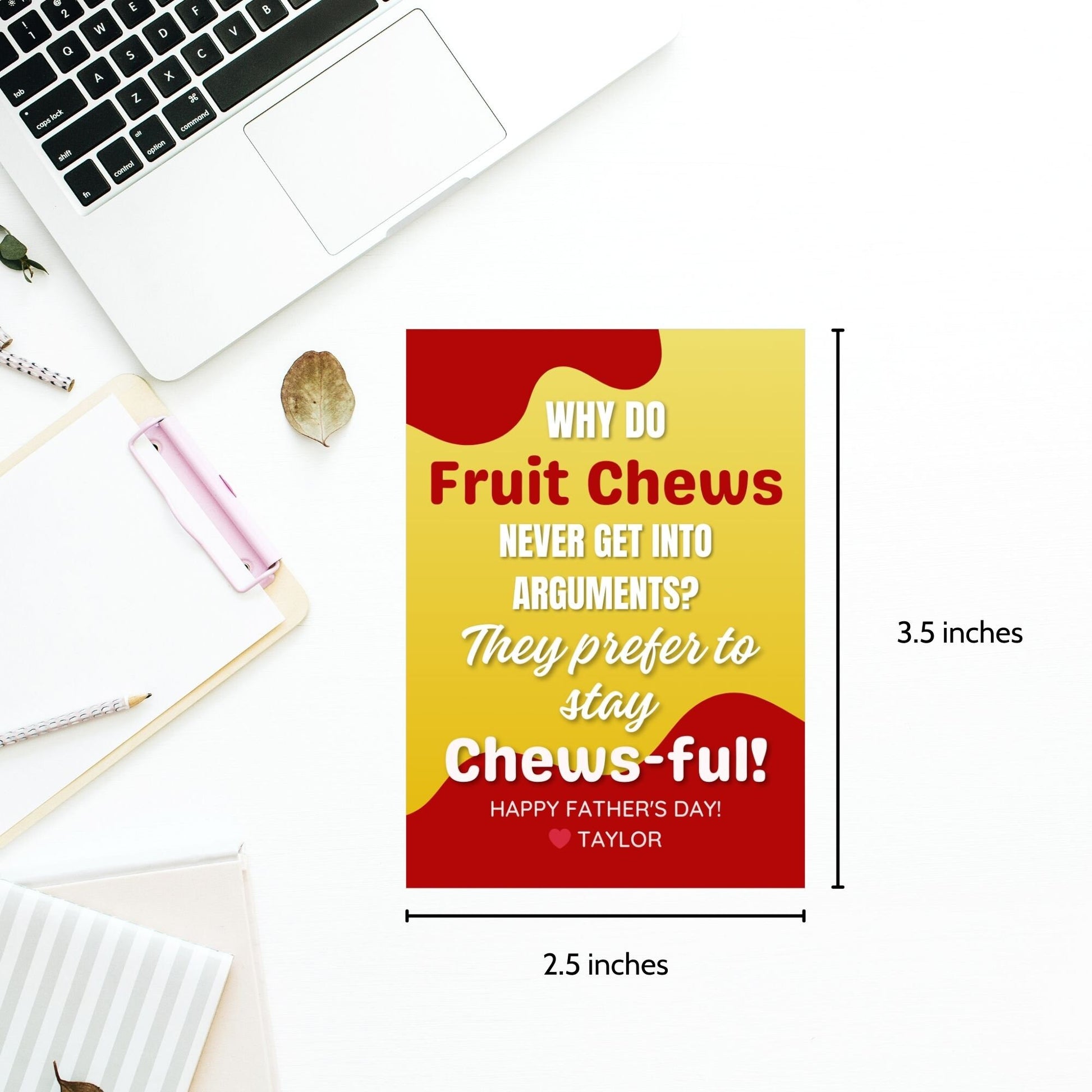 Eight fruit chews-themed Fathers Day gift tags displayed in two rows of four. Each tag features a dad joke about fruit chews preferring to stay chews-ful to avoid arguments, with a customizable name slot.
