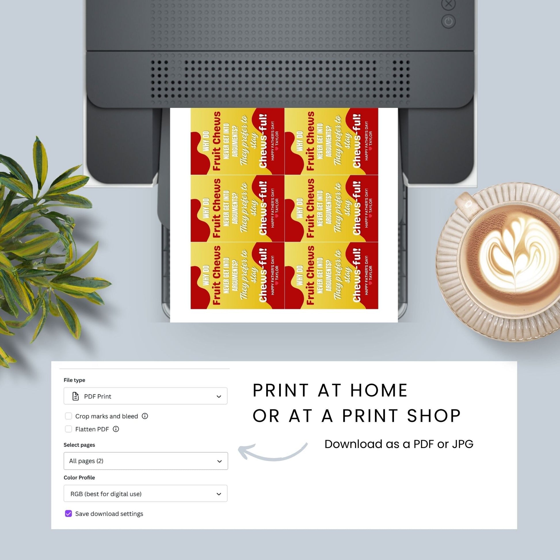 Eight fruit chews-themed Fathers Day gift tags displayed in two rows of four. Each tag features a dad joke about fruit chews preferring to stay chews-ful to avoid arguments, with a customizable name slot.