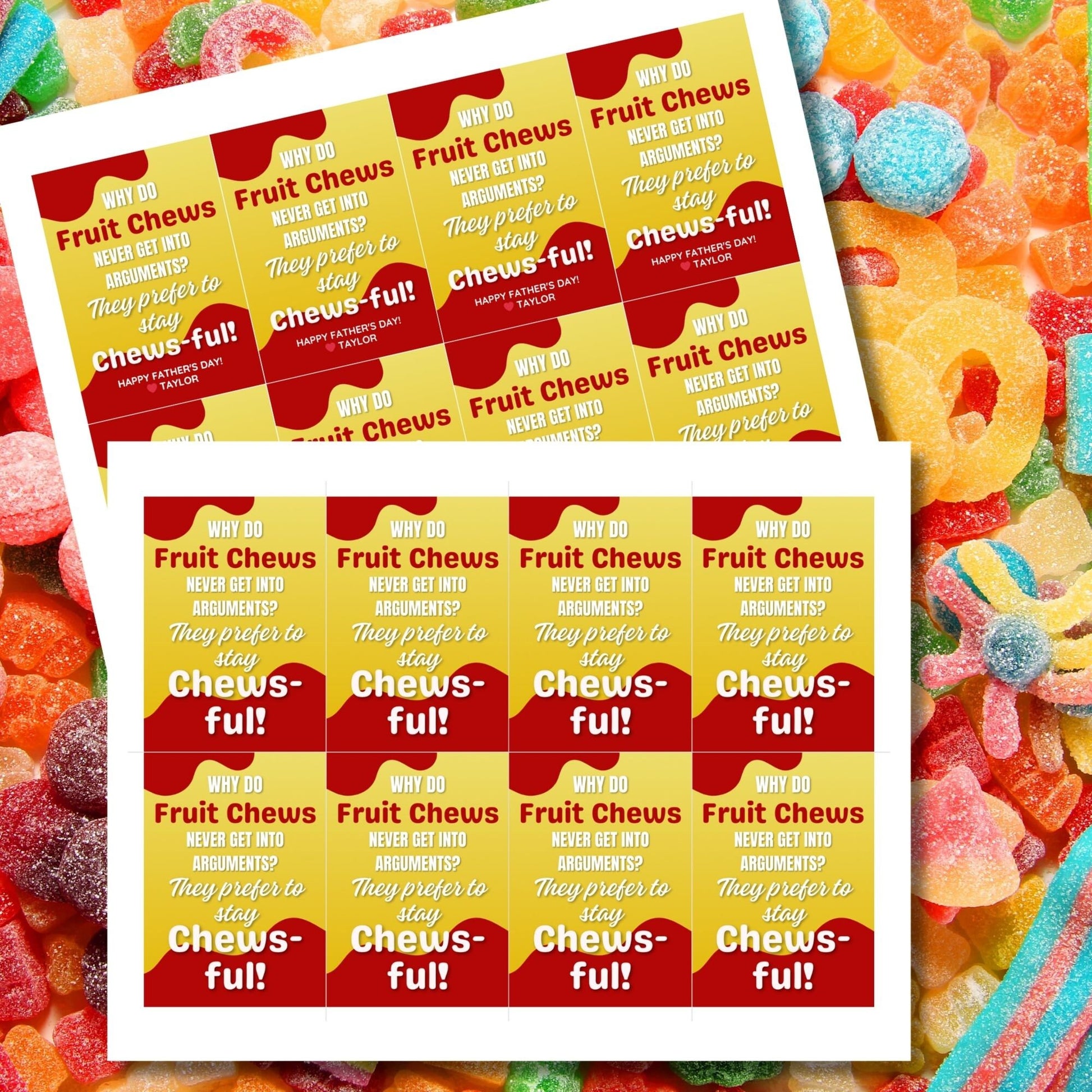 Eight fruit chews-themed Fathers Day gift tags displayed in two rows of four. Each tag features a dad joke about fruit chews preferring to stay chews-ful to avoid arguments, with a customizable name slot.