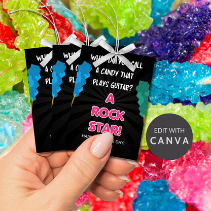 Eight guitar candy-themed Fathers Day gift tags displayed in two rows of four. Each tag features a dad joke about a candy that plays guitar being a rock star, with a customizable name slot.