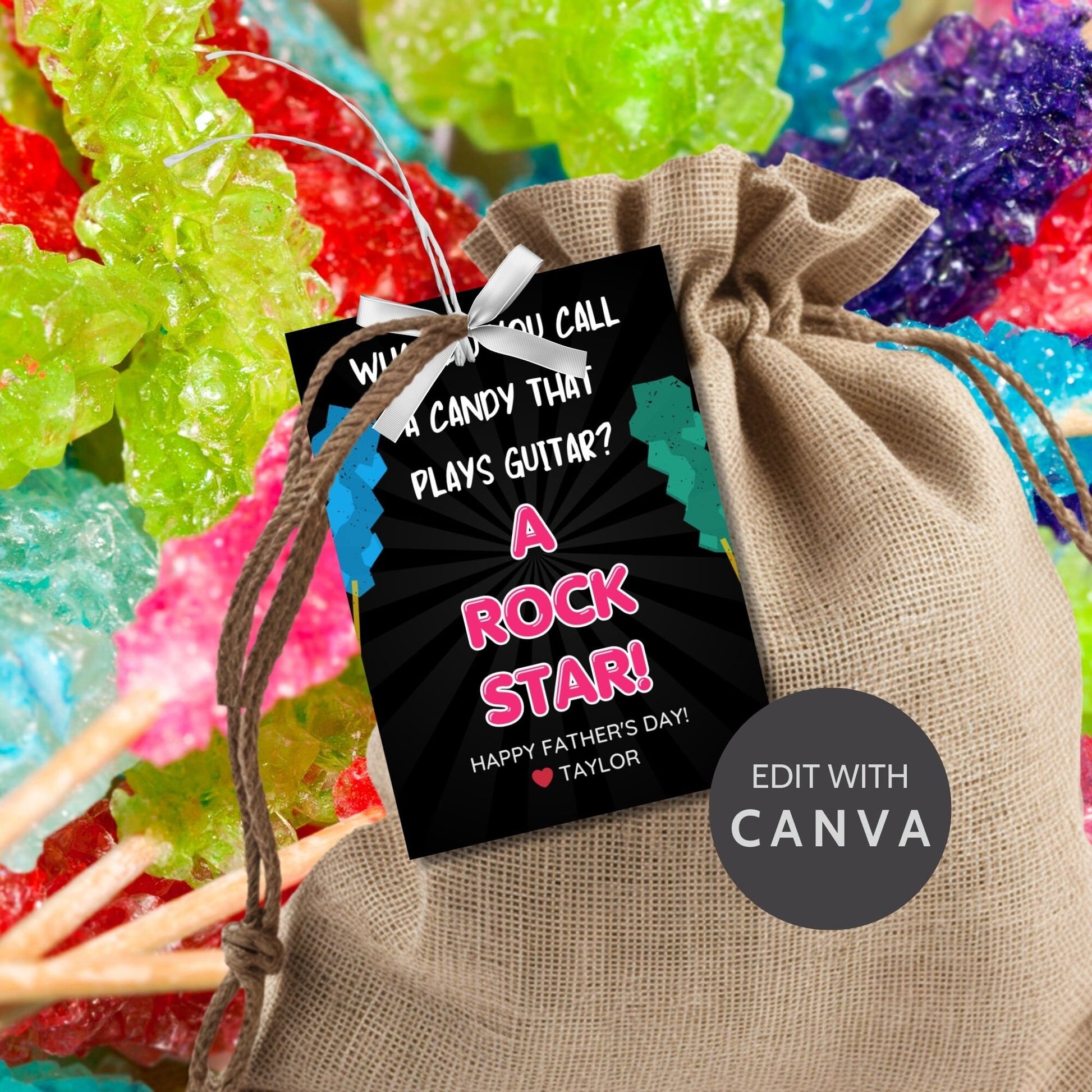 Eight guitar candy-themed Fathers Day gift tags displayed in two rows of four. Each tag features a dad joke about a candy that plays guitar being a rock star, with a customizable name slot.