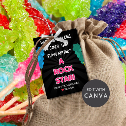 Eight guitar candy-themed Fathers Day gift tags displayed in two rows of four. Each tag features a dad joke about a candy that plays guitar being a rock star, with a customizable name slot.