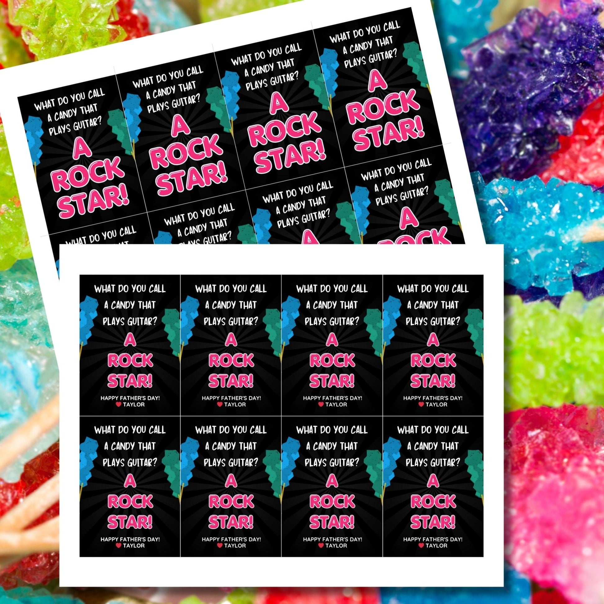 Eight guitar candy-themed Fathers Day gift tags displayed in two rows of four. Each tag features a dad joke about a candy that plays guitar being a rock star, with a customizable name slot.