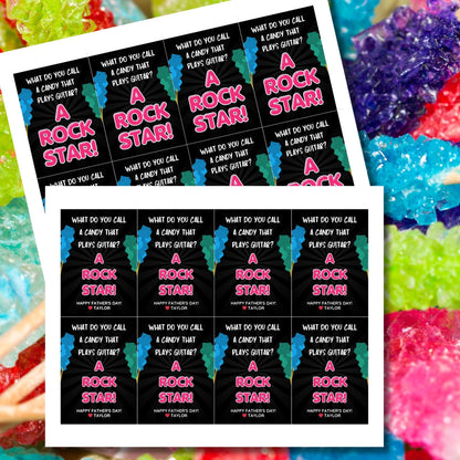 Eight guitar candy-themed Fathers Day gift tags displayed in two rows of four. Each tag features a dad joke about a candy that plays guitar being a rock star, with a customizable name slot.