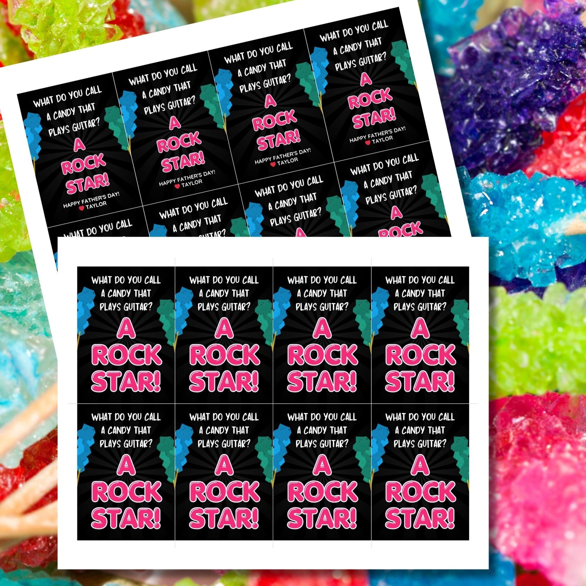 Eight guitar candy-themed Fathers Day gift tags displayed in two rows of four. Each tag features a dad joke about a candy that plays guitar being a rock star, with a customizable name slot.