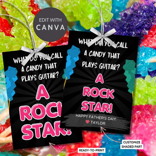 Eight guitar candy-themed Fathers Day gift tags displayed in two rows of four. Each tag features a dad joke about a candy that plays guitar being a rock star, with a customizable name slot.