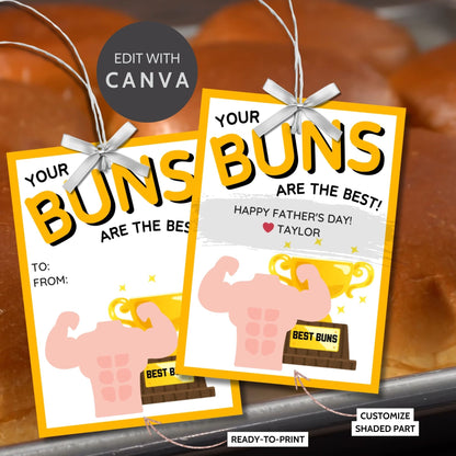 Eight buns-themed Fathers Day gift tags displayed in two rows of four. Each tag features a message about dad having the best buns, with a customizable name slot and an illustration of a muscular arm flexing with a Best Buns trophy.