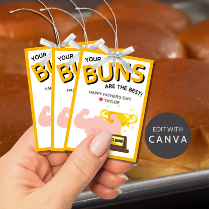 Eight buns-themed Fathers Day gift tags displayed in two rows of four. Each tag features a message about dad having the best buns, with a customizable name slot and an illustration of a muscular arm flexing with a Best Buns trophy.