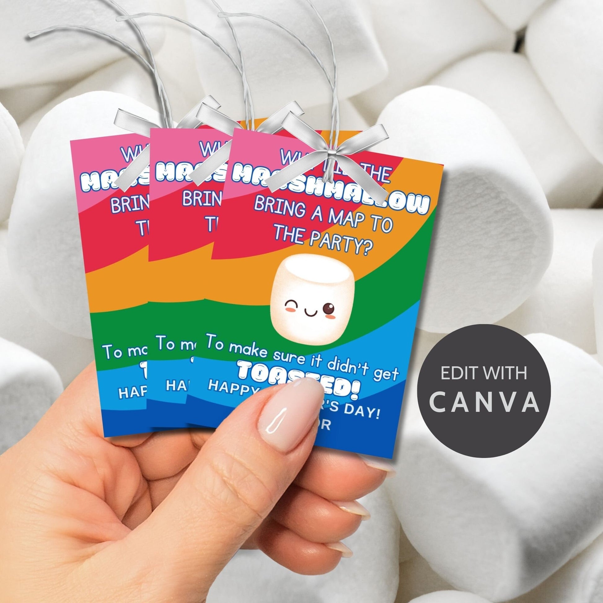 Eight marshmallow-themed Fathers Day gift tags displayed in two rows of four. Each tag features a dad joke about a marshmallow bringing a map to the party to avoid getting toasted, with a customizable name slot.