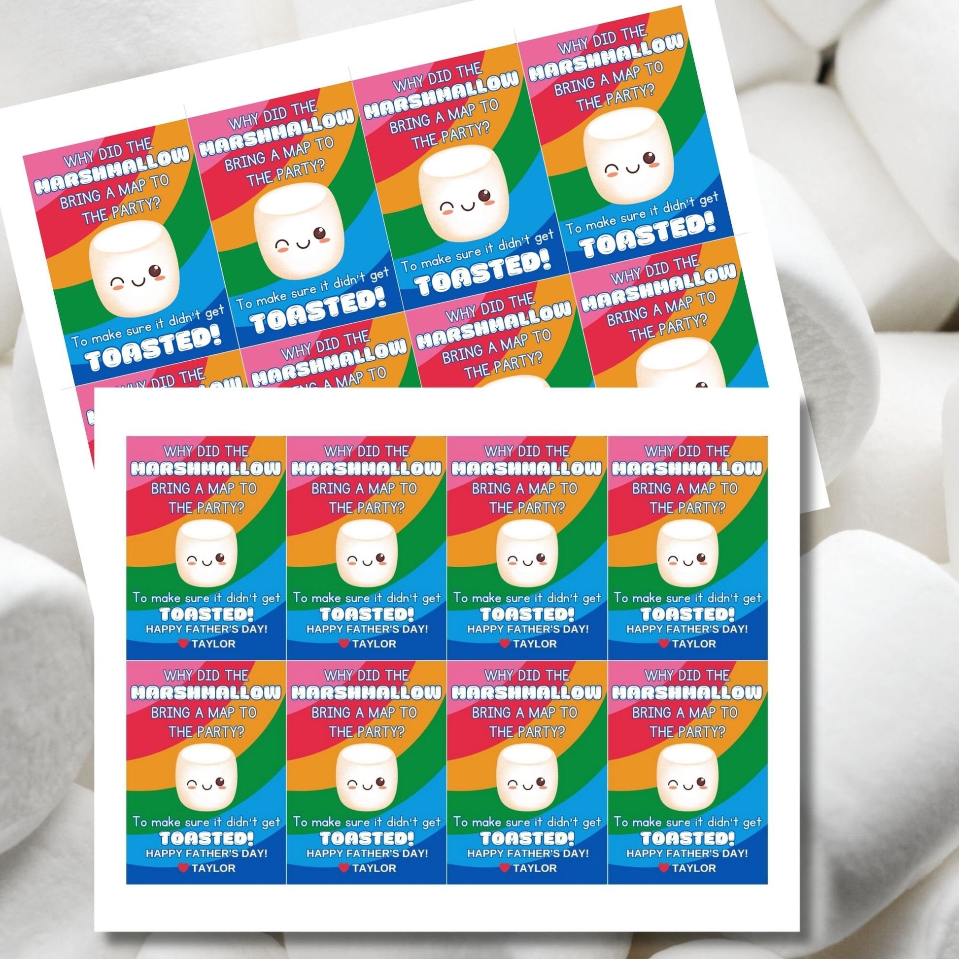 Eight marshmallow-themed Fathers Day gift tags displayed in two rows of four. Each tag features a dad joke about a marshmallow bringing a map to the party to avoid getting toasted, with a customizable name slot.