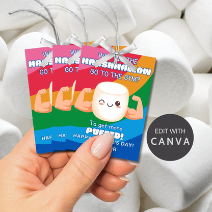 Eight gym-themed marshmallow Fathers Day gift tags displayed in two rows of four. Each tag features a dad joke about a marshmallow going to the gym to get more puffed, with a customizable name slot.