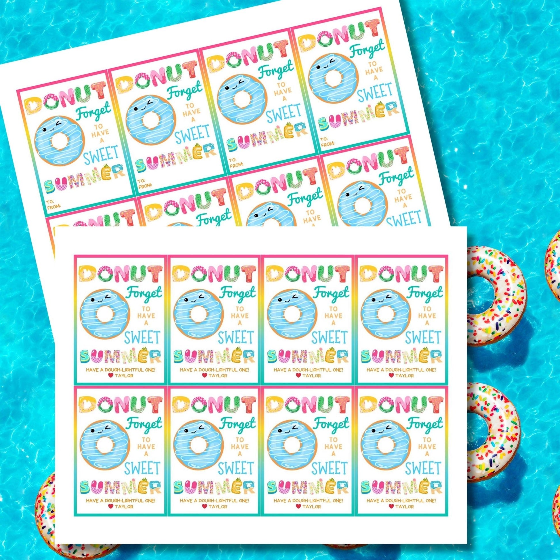 Fun summer gift tags featuring a cute donut and colorful text that reads Donut Forget to Have a Sweet Summer! Have a Dough-lightful One! Personalize with names.