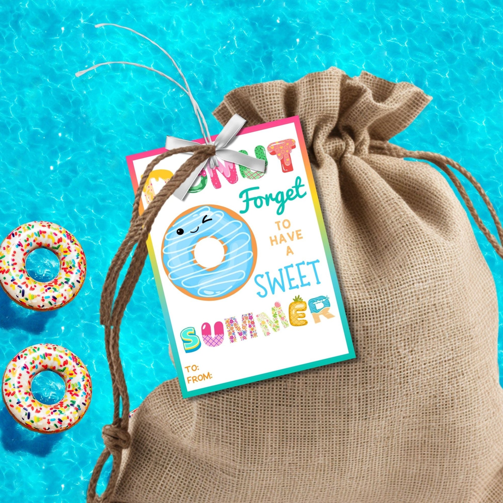 Fun summer gift tags featuring a cute donut and colorful text that reads Donut Forget to Have a Sweet Summer! Have a Dough-lightful One! Personalize with names.