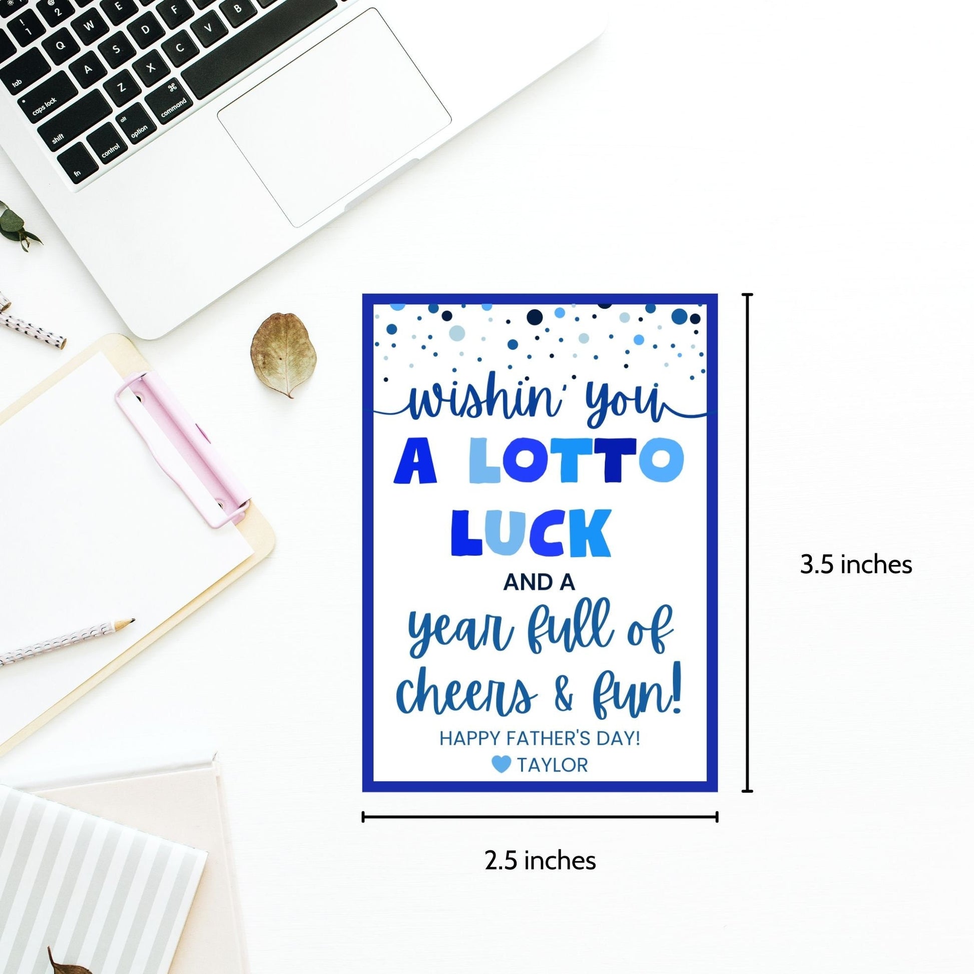 Eight lotto or scratchers-themed Fathers Day gift tags displayed in two rows of four. Each tag features a message about wishing dad a lotto luck and a year full of cheers and fun, with a customizable name slo.