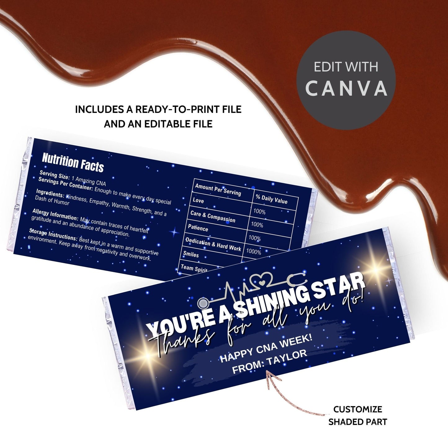 Printable chocolate bar wrapper for CNA Week with a stunning night sky design, reading Youre a Shining Star. Thanks for all you do! in bold text.