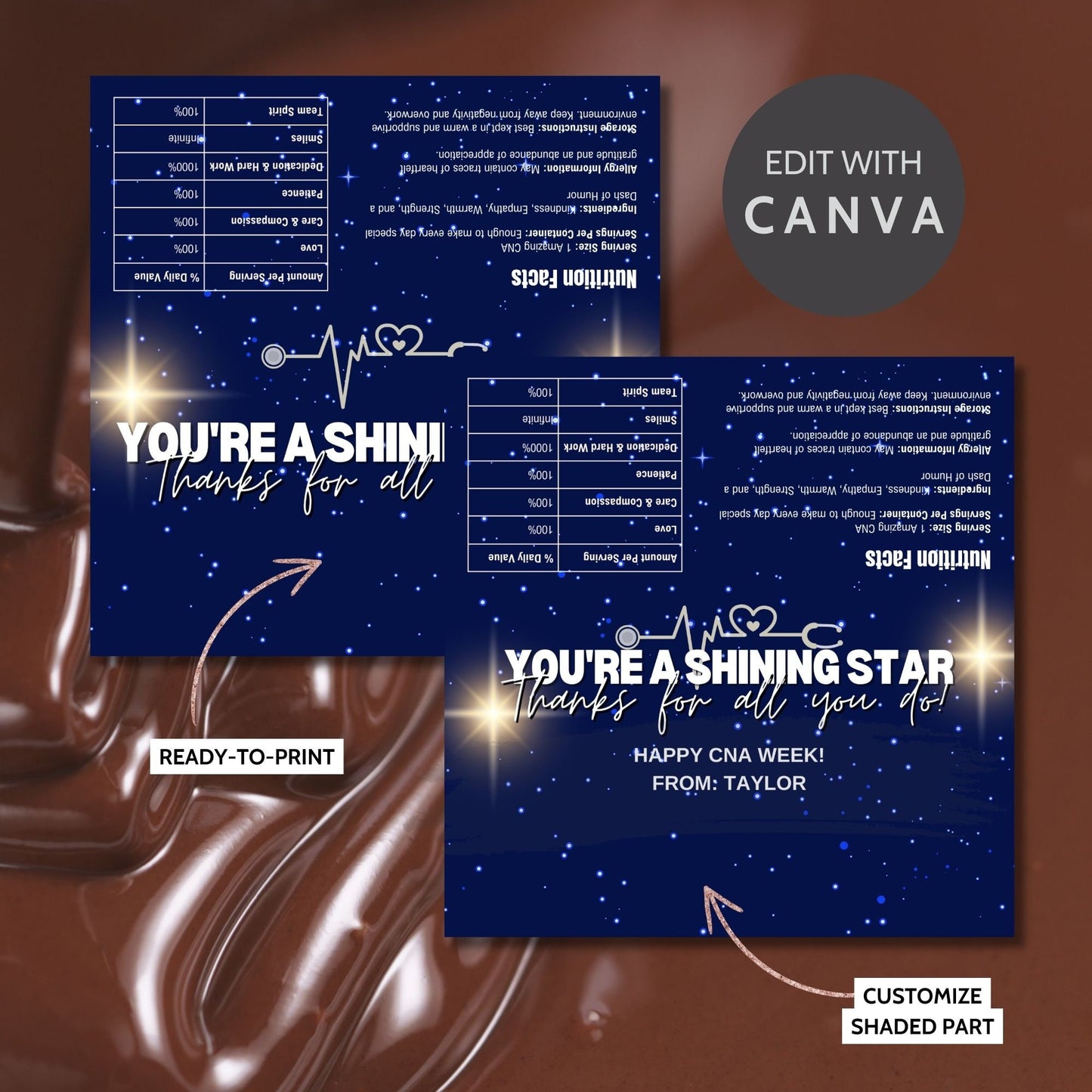 Printable chocolate bar wrapper for CNA Week with a stunning night sky design, reading Youre a Shining Star. Thanks for all you do! in bold text.