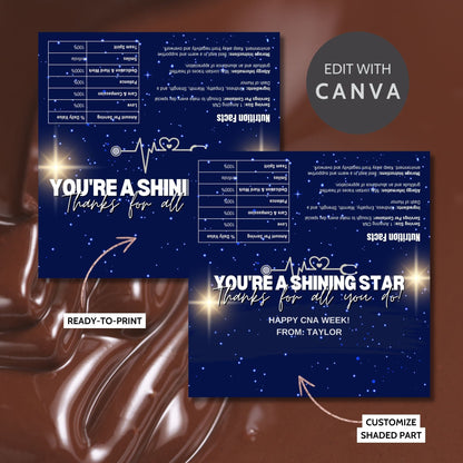 Printable chocolate bar wrapper for CNA Week with a stunning night sky design, reading Youre a Shining Star. Thanks for all you do! in bold text.