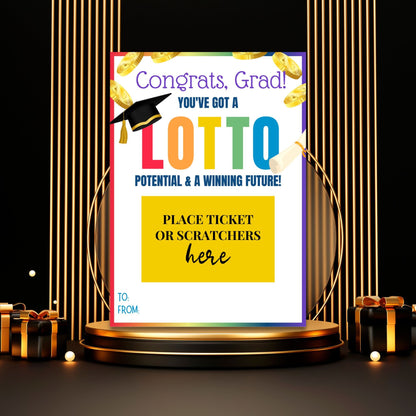 Printable 5x7 inch lotto or scratchers card holder for graduates, featuring a colorful design with a graduation cap, gold coins, and a diploma. Ideal for adding fun to graduation gifts.